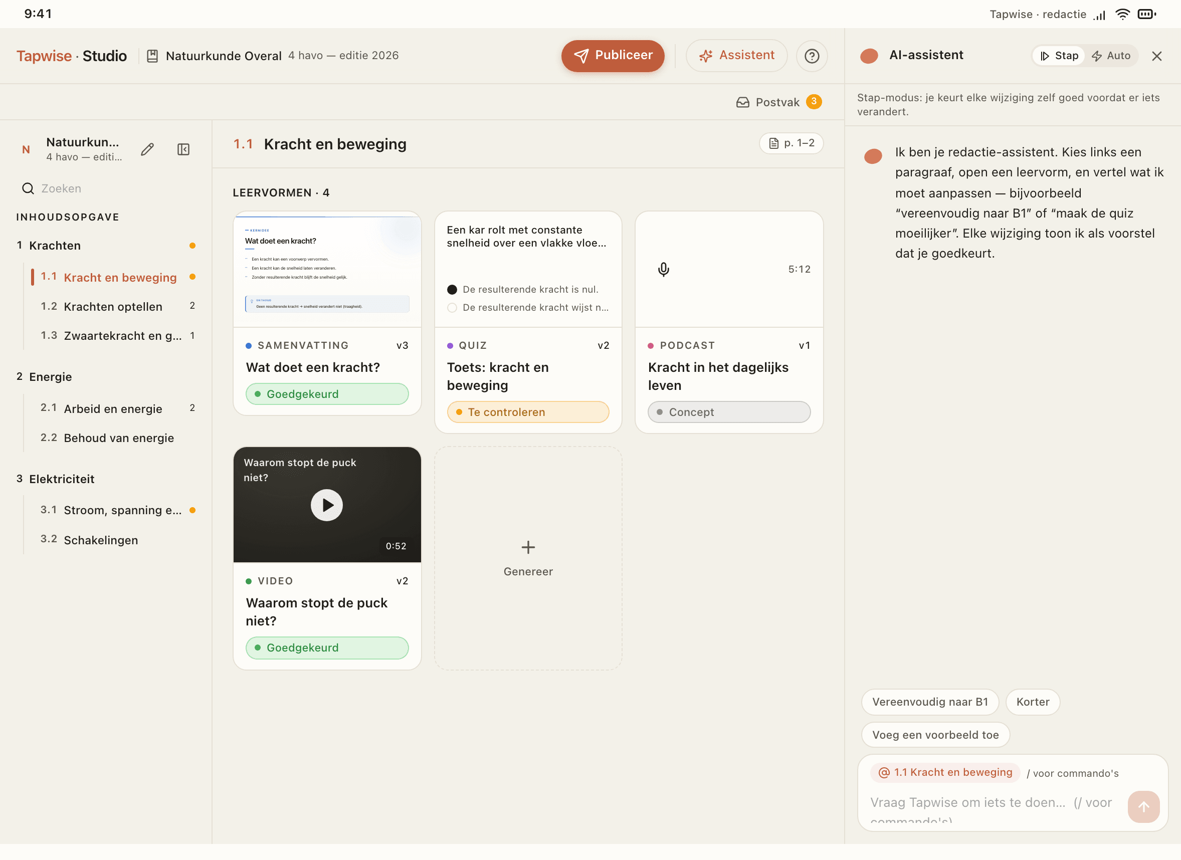 Studio example in Dutch: source material and learning formats for a chapter.